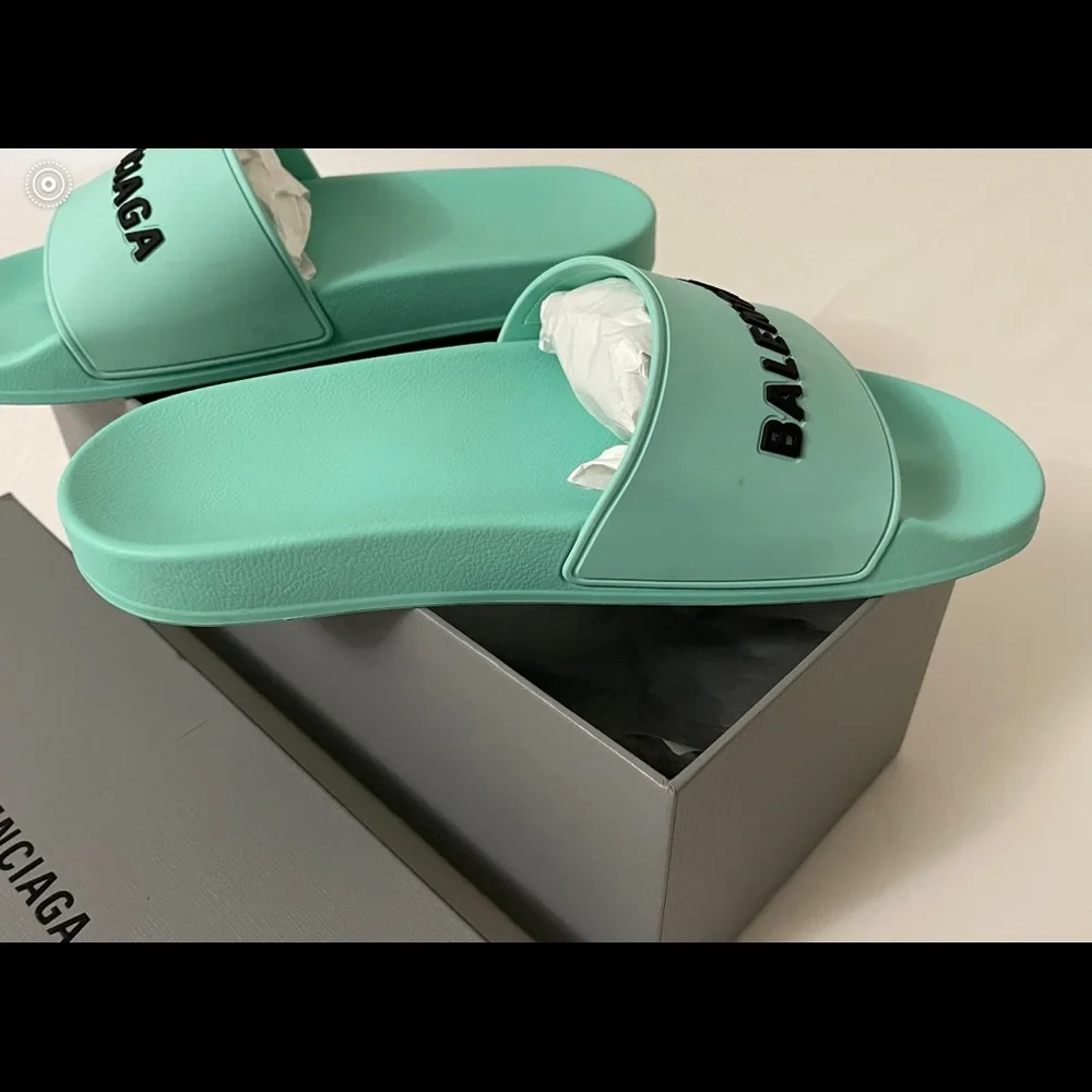 BALENCIAGA LOGO WOMEN POOL SLIDE MINT 42EU/12US - Picture 8 of 9